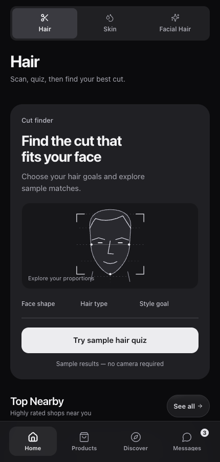 Groomr hair screen with personalized style choices