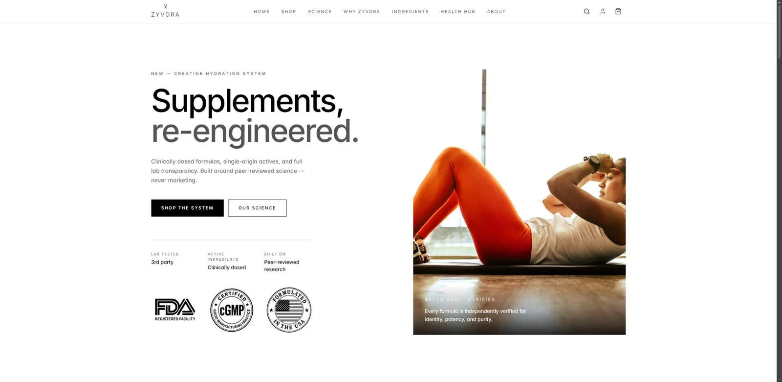 ZYVORA website with its Supplements, re-engineered headline and wellness photography